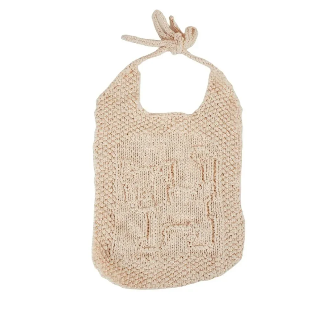 Baby Bib Hand Knitted with Cat Crochet Cotton Yarn Handmade Tie-Back Peach Pink